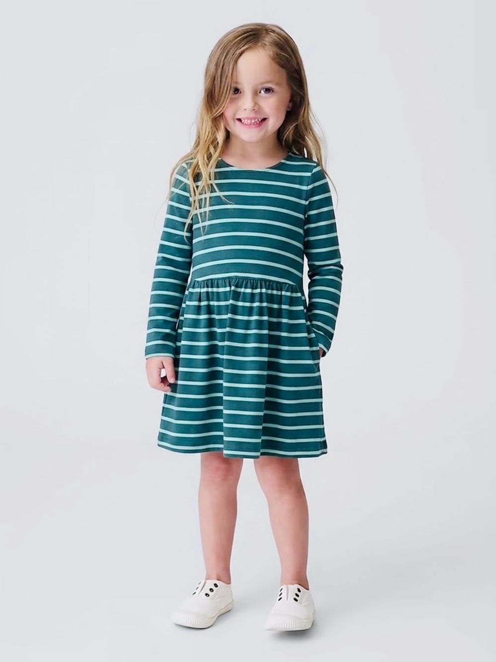 Primary Girls Cotton Jersey Stripe Dress Teal